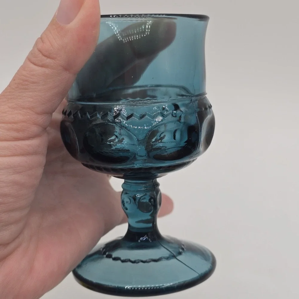 Indiana Kings Crown Thumbprint Teal Wine/Juice Glass Vtg